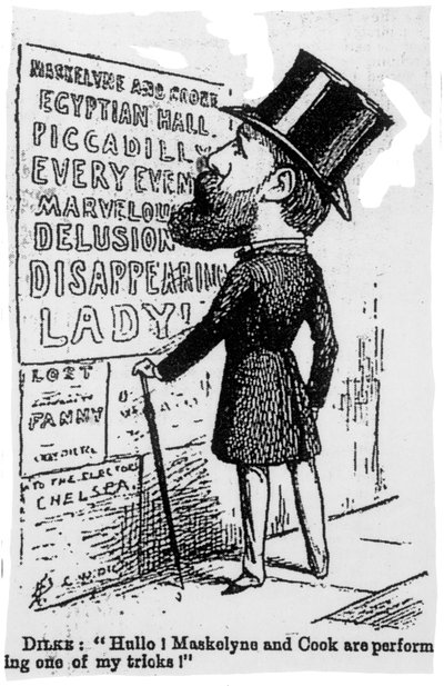 Hullo! Maskelyne and Cook are performing one of my tricks!, satirical cartoon of Sir Charles Dilke by English School